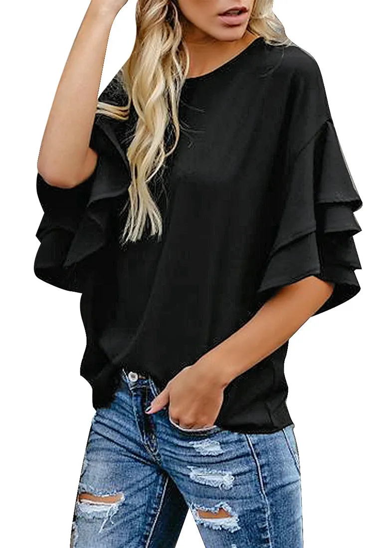 Vetinee Women's Tiered 3/4 Ruffled Bell Sleeve Tops Casual Crewneck Shirt Blouse