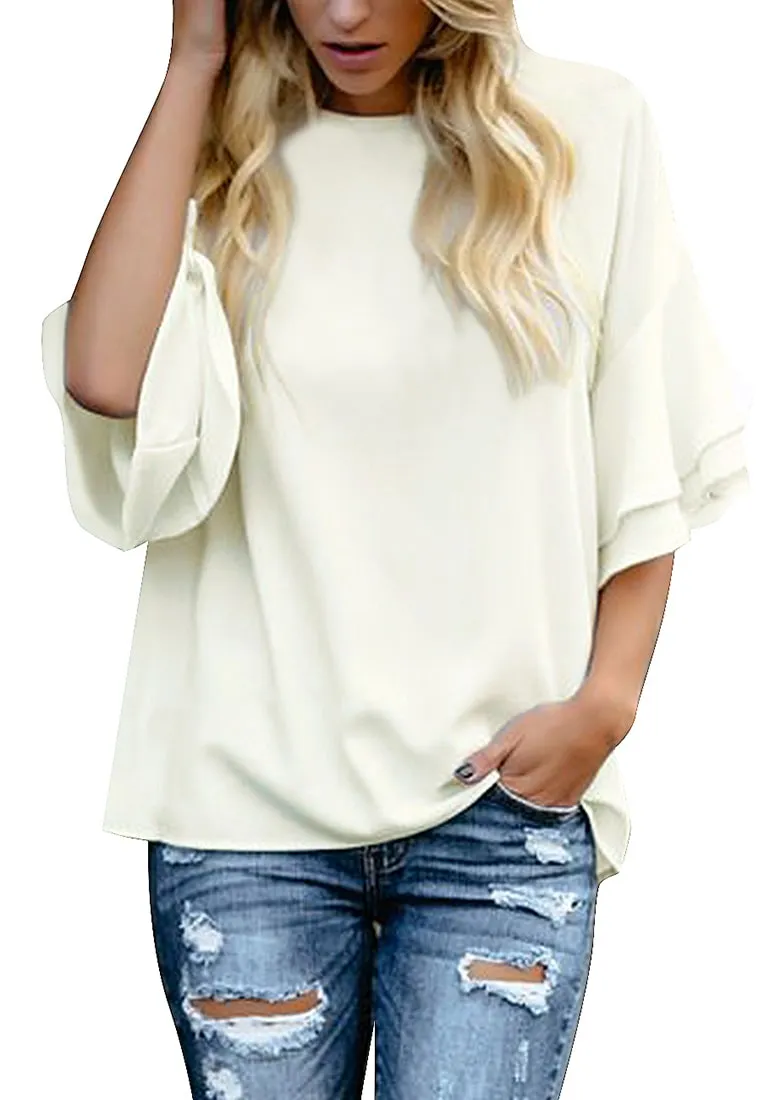 Vetinee Women's Tiered 3/4 Ruffled Bell Sleeve Tops Casual Crewneck Shirt Blouse