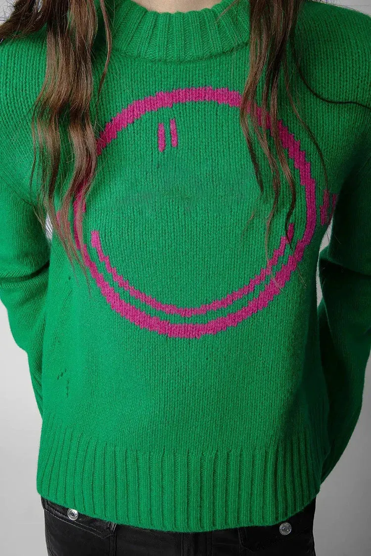 Wenkouban-Christmas Thanksgiving outfits_Happy Face Casual Fashion Round Neck Wool Knitted Green Christmas Sweater