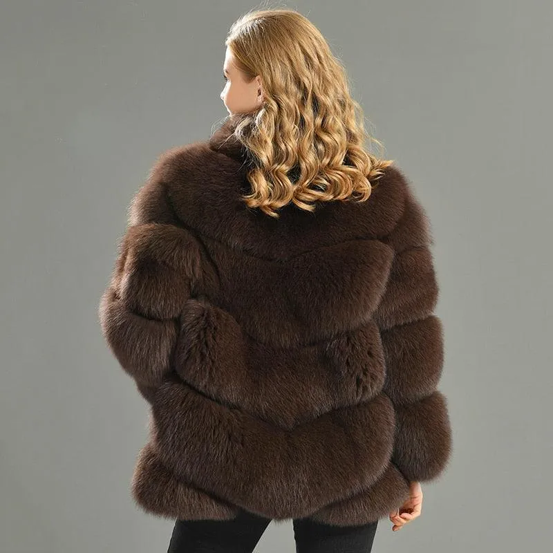 Winter Natural Real Fox Fur Coat For Women with Stand Collar