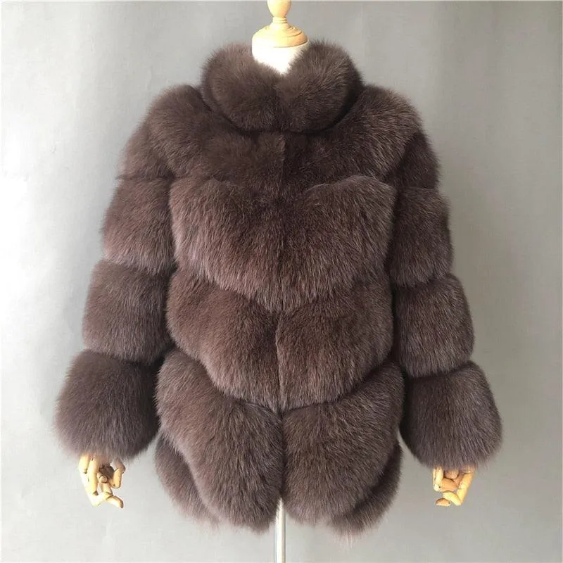 Winter Natural Real Fox Fur Coat For Women with Stand Collar