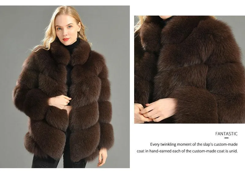 Winter Natural Real Fox Fur Coat For Women with Stand Collar