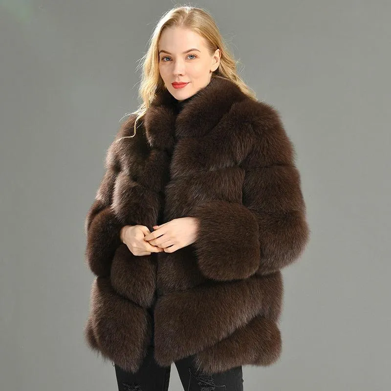 Winter Natural Real Fox Fur Coat For Women with Stand Collar