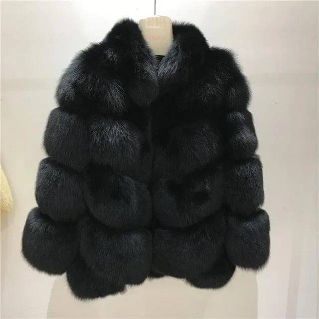 Winter Natural Real Fox Fur Coat For Women with Stand Collar