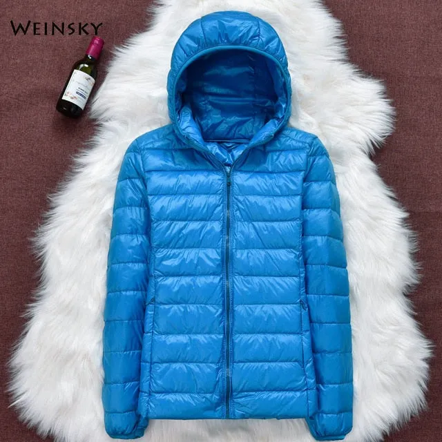 Winter Women Ultralight Thin Down Jacket White Duck Down Hooded Jackets Long Sleeve Warm Parka Portable Outwear