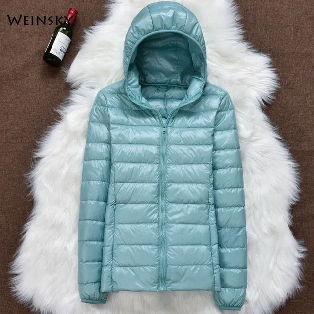 Winter Women Ultralight Thin Down Jacket White Duck Down Hooded Jackets Long Sleeve Warm Parka Portable Outwear