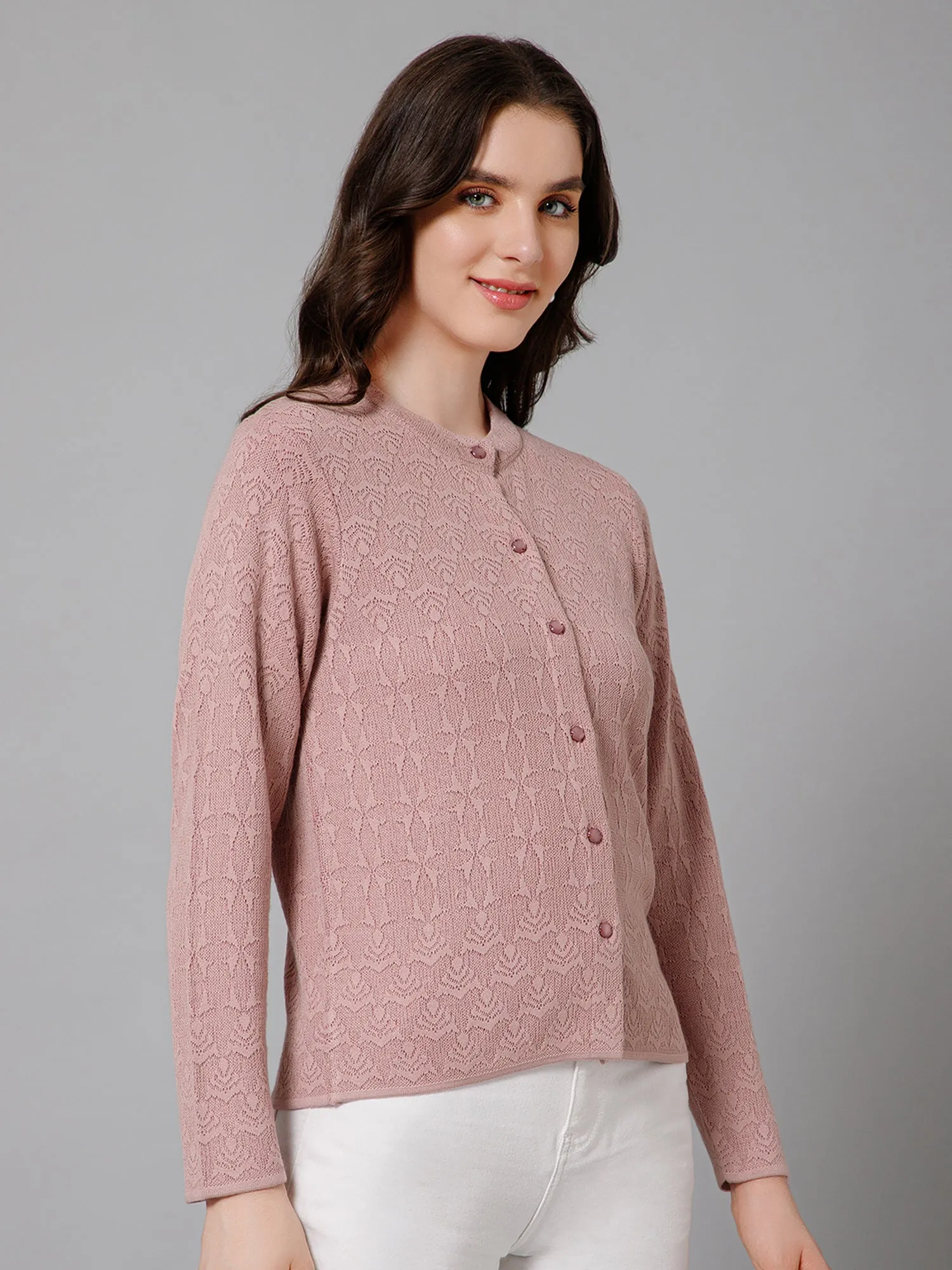 Women's Casual  Dark Pink Round neck Cardigan Sweater