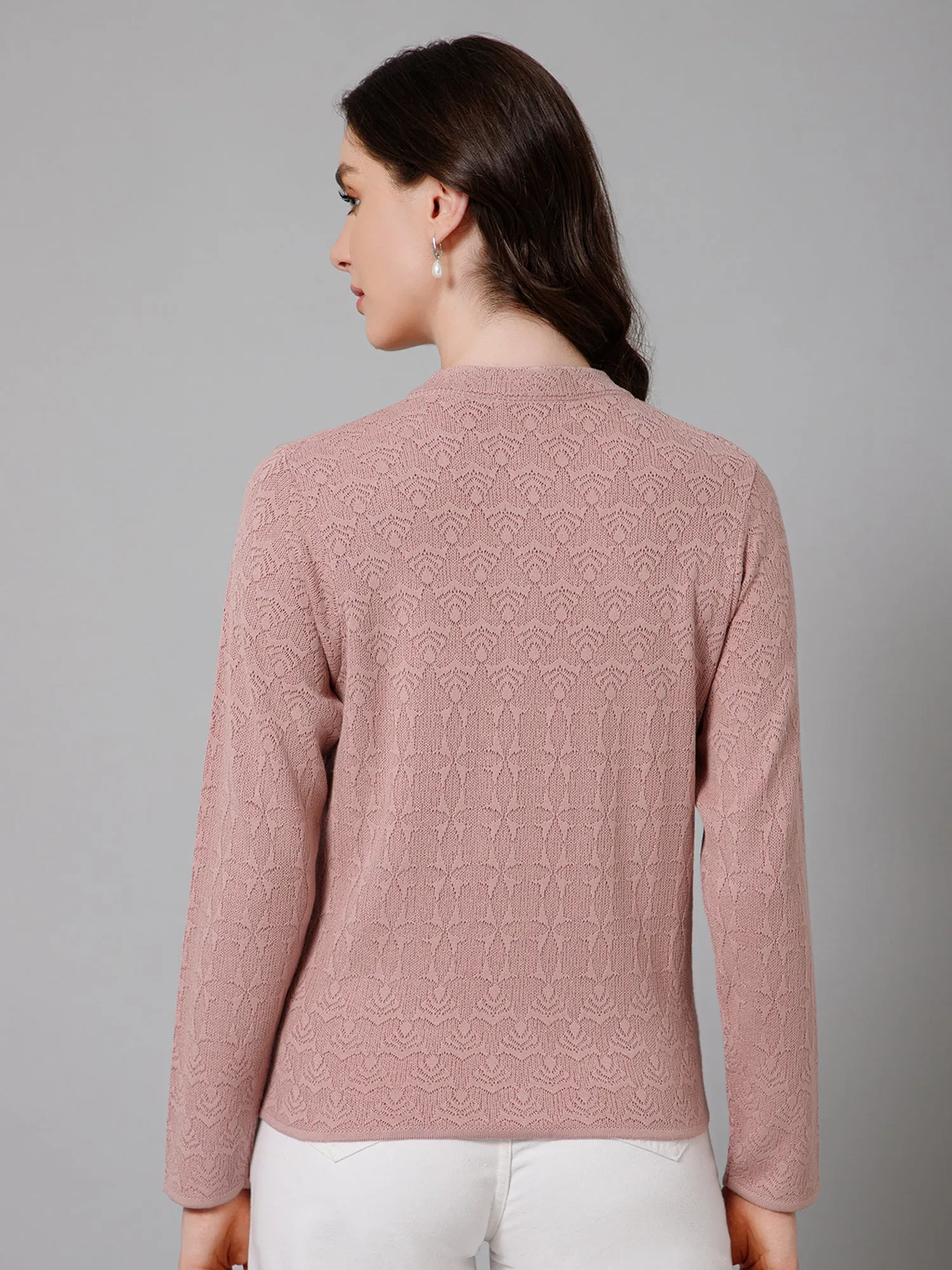 Women's Casual  Dark Pink Round neck Cardigan Sweater