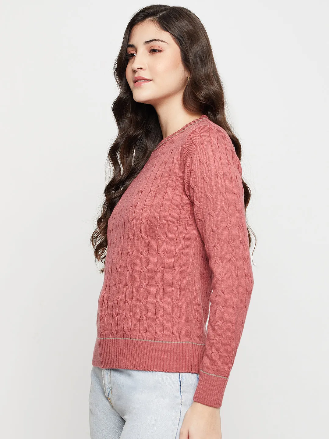 Women's Casual  Dark Pink Round neck Pullover Sweater