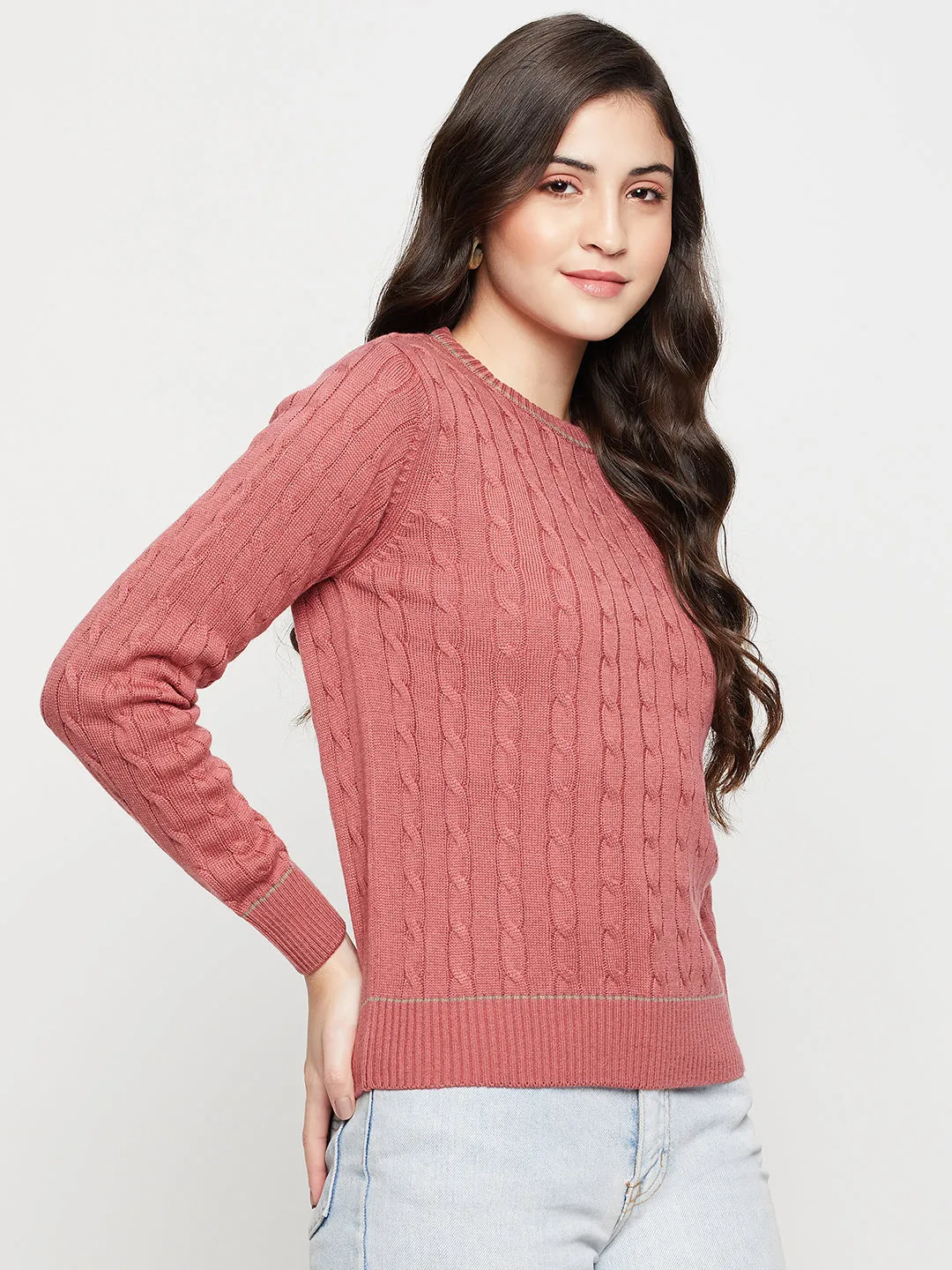 Women's Casual  Dark Pink Round neck Pullover Sweater