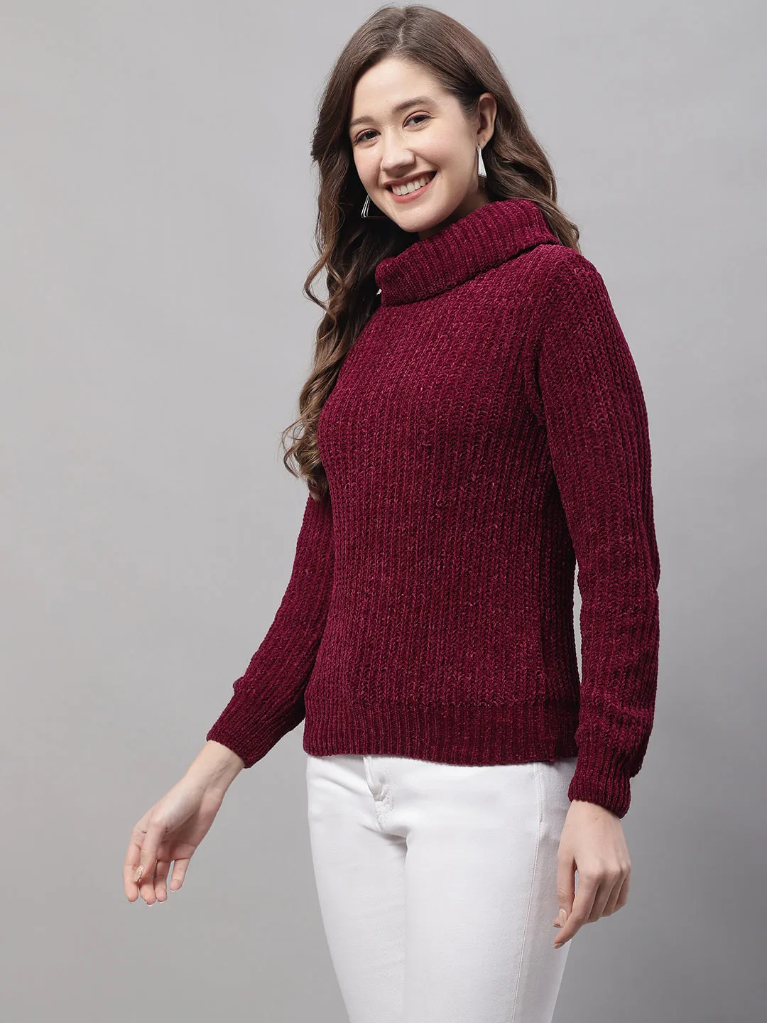 Women's Casual  Maroon Turtle neck Pullover Sweater