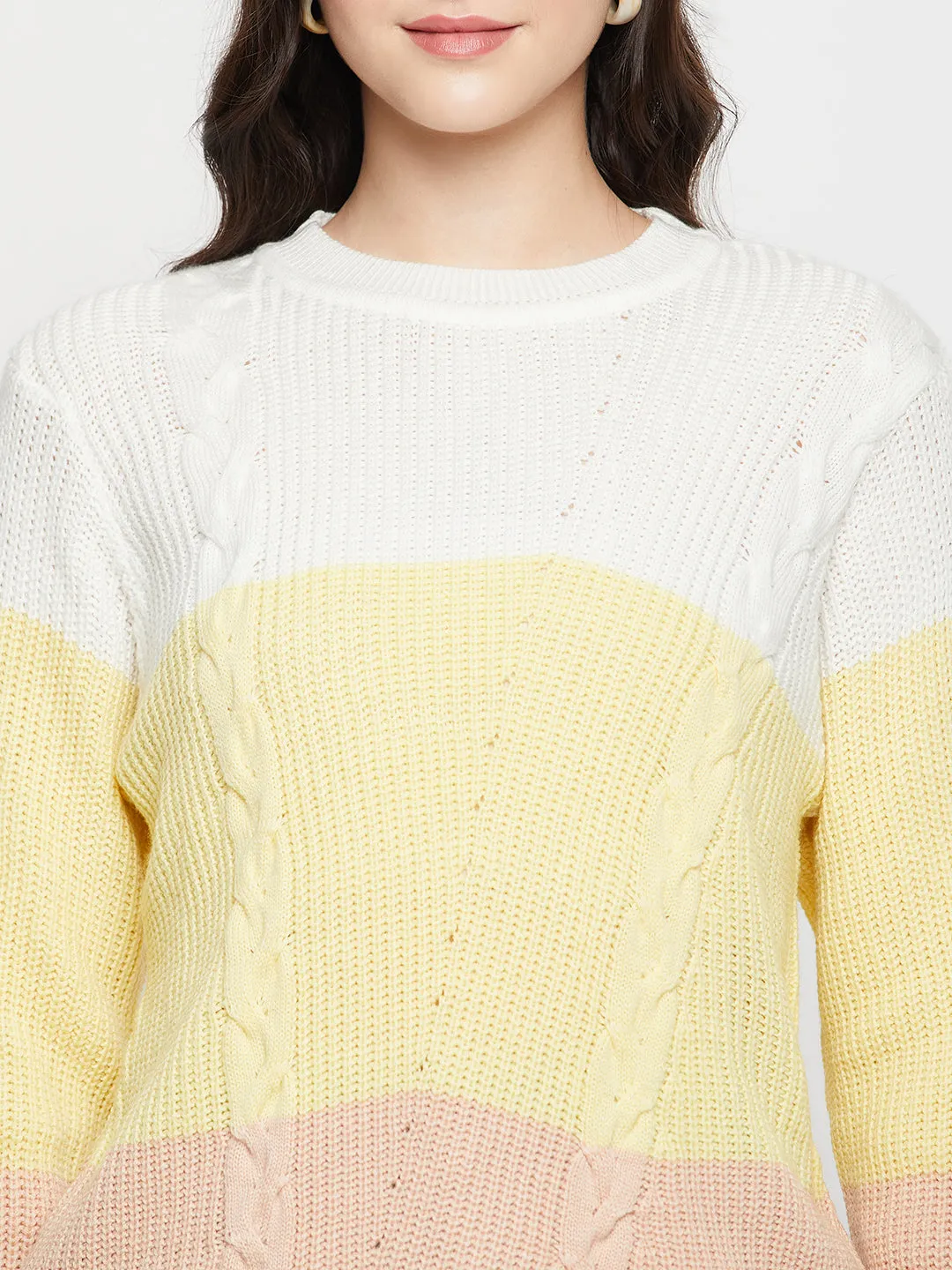 Women's Casual  OffWhite Round neck Color Block Pullover Sweater