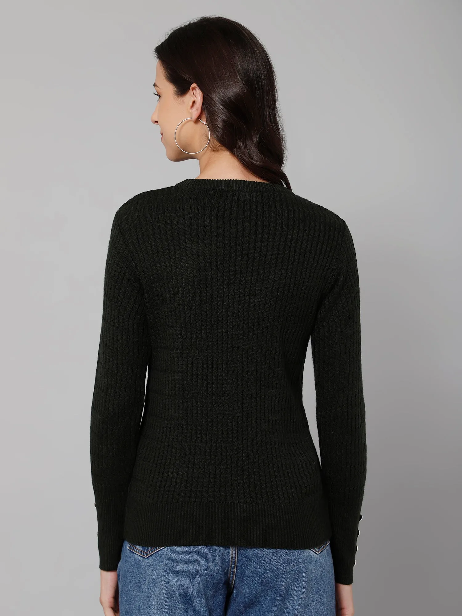 Women's Casual  Olive Green Round neck Pullover Sweater