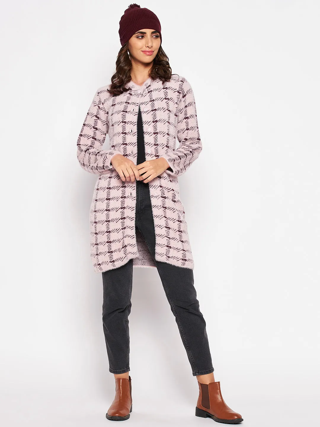 Women's Casual  Pink Round neck Long Cardigan Sweater