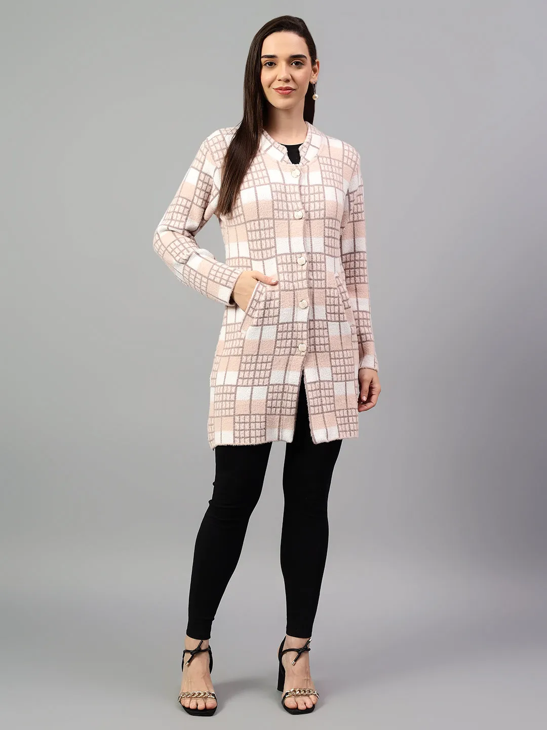 Women's Checked Peach Full Sleeve Cardigan Casual Sweater