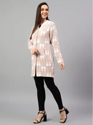 Women's Checked Peach Full Sleeve Cardigan Casual Sweater