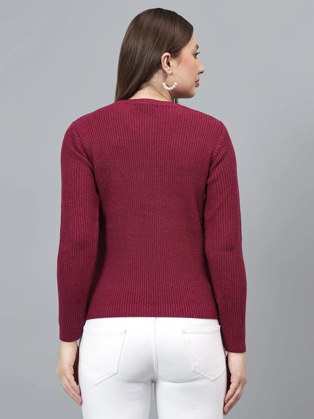 Women's Self Design Mulberry Full Sleeves Casual Sweater