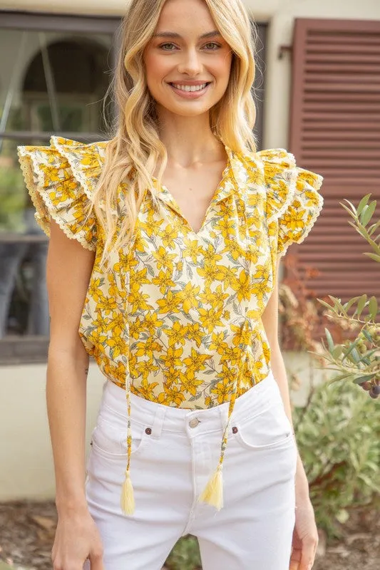 Yellow Lace Detailed Double Ruffle Sleeve Print Top