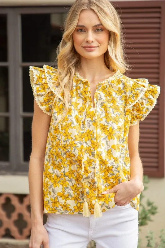 Yellow Lace Detailed Double Ruffle Sleeve Print Top